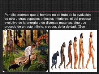 Por ello creemos que el hombre no es fruto de la evolución
de otra u otras especies animales inferiores, ni del proceso
evolutivo de la energía o de diversas materias, sino que
procede de un acto infinito, creador, de la deidad. (Gen
1:26).
 