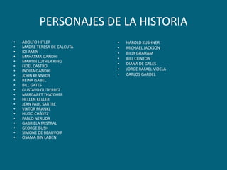 PERSONAJES DE LA HISTORIAADOLFO HITLERMADRE TERESA DE CALCUTAIDI AMINMAHATMA GANDHIMARTIN LUTHER KINGFIDEL CASTROINDIRA GANDHIJOHN KENNEDYREINA ISABELBILL GATESGUSTAVO GUTIERREZMARGARET THATCHERHELLEN KELLERJEAN PAUL SARTREVIKTOR FRANKLHUGO CHÁVEZPABLO NERUDAGABRIELA MISTRALGEORGE BUSHSIMONE DE BEAUVOIROSAMA BIN LADENHAROLD KUSHNERMICHAEL JACKSONBILLY GRAHAMBILL CLINTONDIANA DE GALESJORGE RAFAEL VIDELACARLOS GARDEL