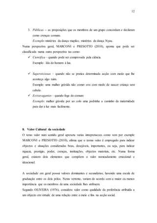 12
3. Públicas – as proposições que os membros de um grupo concordam e declaram
como crenças comuns.
Exemplo: mistérios da dança mapiko, mistérios da dança Nyau.
Numa perspectiva geral, MARCONI e PRESOTTO (2010), aponta que pode ser
classificada numa outra perspectiva tas como:
 Cientifica – quando pode ser comprovada pela ciência.
Exemplo: Ida do homem á lua.
 Supersticiosas – quando não se pratica determinada acção com medo que lhe
aconteça algo ruim.
Exemplo: uma mulher grávida não comer ovo com medo de nascer criança sem
cabelo.
 Extravagantes – quando foge do comum
Exemplo: mulher grávida por ao colo uma pedrinha a caminho da maternidade
para dar a luz mais facilmente.
8. Valor Cultural da sociedade
O temo valor num sentido geral apreseta varias intrepretacoes como vem por exemplo
MARCONI e PRESOTTO (2010), afirma que o termo valor é empregado para indicar
objectos e situações consideradas boas, desejáveis, importantes, ou seja, para indicar
riqueza, prestigio, poder, crenças, instituições, objectos materiais, etc. Numa forma
geral, existem dois elementos que compõem o valor nomeadamente emocional e
ideacional.
A sociedade em geral possui valores dominantes e secundários, havendo uma escala de
graduação entre os dois pólos. Nesta vertente, variam de acordo com a maior ou menos
importância que os membros de uma sociedade lhes atribuem.
Segundo OLIVEIRA (1976), considera valor como qualidade da preferência atribuída a
um objecto em virtude de uma relação entre o meio e fins na acção social.
 