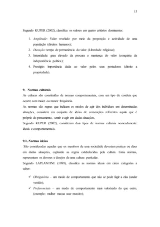 13
Segundo KUPER (2002), classifica os valores em quatro critérios dominantes:
1. Amplitude: Valor revelado por meio da proporção e actividade de uma
população (direitos humanos);
2. Duração: tempo de permanência do valor (Liberdade religiosa);
3. Intensidade: grau elevado da procura e mantença do valor (conquista da
independência politica);
4. Prestigio: importância dada ao valor pelos seus portadores (direito a
propriedade).
9. Normas culturais
As culturas são constituídas de normas comportamentais, com um tipo de conduta que
ocorre com maior ou menor frequência.
As normas são regras que indicam os modos de agir dos indivíduos em determinadas
situações, consistem em conjunto de ideias de convenções referentes aquilo que é
próprio do pensamento, sentir e agir em dadas situações.
Segundo KUPER (2002), consideram dois tipos de normas culturais nomeadamente:
ideais e comportamentais.
9.1. Normas ideias
São consideradas aquelas que os membros de uma sociedade deveriam praticar ou dizer
em dadas situações, captando as regras estabelecidas pela cultura. Estas normas,
representam os deveres e desejos de uma cultura particular.
Segundo LAPLANTINE (1989), classifica as normas ideais em cinco categorias a
saber:
 Obrigatória – um modo de comportamento que não se pode fugir a elas (andar
vestido);
 Preferenciais – um modo de comportamento mais valorizado do que outro,
(exemplo: mulher macua usar mussiro);
 