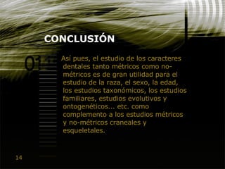 14
CONCLUSIÓN
Así pues, el estudio de los caracteres
dentales tanto métricos como no-
métricos es de gran utilidad para el
estudio de la raza, el sexo, la edad,
los estudios taxonómicos, los estudios
familiares, estudios evolutivos y
ontogenéticos... etc. como
complemento a los estudios métricos
y no-métricos craneales y
esqueletales.
 