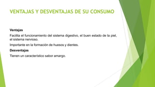 VENTAJAS Y DESVENTAJAS DE SU CONSUMO

Ventajas
Facilita el funcionamiento del sistema digestivo, el buen estado de la piel,
el sistema nervioso.
Importante en la formación de huesos y dientes.
Desventajas
Tienen un característico sabor amargo.

 