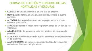 FORMAS DE COCCIÓN Y CONSUMO DE LAS
HORTALIZAS Y VERDURAS


COCIDAS: En una olla común o en una olla de presión.



HERVIDAS: Se rehoga en una olla con aceite, cebolla o puerro
partidos.



AL VAPOR: Los vegetales conservan su propio sabor, son mas
sabrosas y nutritivas.



ASADAS: Se realza el sabor pero se pierden cerca de un 25% de sus
vitaminas.



A LA PLANCHA: Se sazona, se unta con aceite y se coloca en la
plancha.



AL HORNO: Pueden hacerse sin aceite, envueltos en un papel como
el de aluminio.



AL MICROONDAS: Se cocinen en pocos minutos a la vez que las
radiaciones destruyen los gérmenes.

 