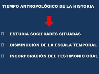 TIEMPO ANTROPOLÓGICO DE LA HISTORIA




   ESTUDIA SOCIEDADES SITUADAS

   DISMINUCIÓN DE LA ESCALA TEMPORAL

   INCORPORACIÓN DEL TESTIMONIO ORAL
 