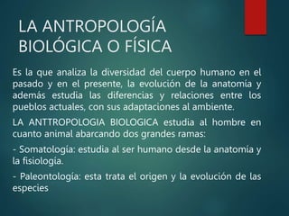 LA ANTROPOLOGÍA
BIOLÓGICA O FÍSICA
Es la que analiza la diversidad del cuerpo humano en el
pasado y en el presente, la evolución de la anatomía y
además estudia las diferencias y relaciones entre los
pueblos actuales, con sus adaptaciones al ambiente.
LA ANTTROPOLOGIA BIOLOGICA estudia al hombre en
cuanto animal abarcando dos grandes ramas:
- Somatología: estudia al ser humano desde la anatomía y
la fisiología.
- Paleontología: esta trata el origen y la evolución de las
especies
 