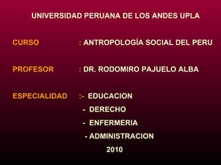UNIVERSIDAD PERUANA DE LOS ANDES UPLA
CURSO : ANTROPOLOGÍA SOCIAL DEL PERU
PROFESOR : DR. RODOMIRO PAJUELO ALBA
ESPECIALIDAD :- EDUCACION
- DERECHO
- ENFERMERIA
- ADMINISTRACION
2010
 
