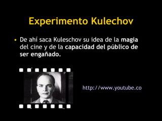 Experimento Kulechov <ul><li>De ahí saca Kuleschov su idea de la  magia  del cine y de la  capacidad del público de ser en...