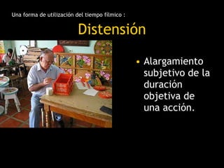Distensión <ul><li>Alargamiento subjetivo de la duración objetiva de una acción.  </li></ul>Una forma de utilización del t...