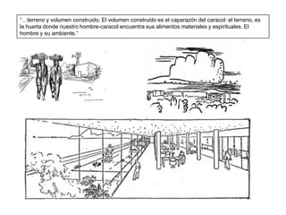 “…terreno y volumen construido. El volumen construido es el caparazón del caracol: el terreno, es
la huerta donde nuestro hombre-caracol encuentra sus alimentos materiales y espirituales. El
hombre y su ambiente.”
 