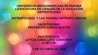 UNIVERSIDAD IBEROAMERICANA DE PANAMÁ
LICENCIATURA EN CIENCIAS DE LA EDUCACIÓN
ANTROPÓLOGÍA
ANTROPOLOGÍA Y LAS TEORÍAS ANTROPOLÓGICAS
FACILITADORA:
PROFESORA ENEIDA MASTÉS
PARTICIPANTE:
LETICIA CABALLERO CAMARENA
4-187-758
2 DE OCTUBRE DE 2020
 