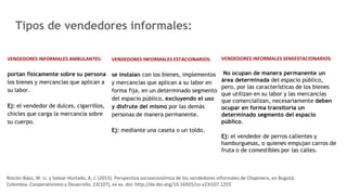 Tipos de vendedores informales:
VENDEDORES INFORMALES SEMIESTACIONARIOS:
No ocupan de manera permanente un
área determinada del espacio público,
pero, por las características de los bienes
que utilizan en su labor y las mercancías
que comercializan, necesariamente deben
ocupar en forma transitoria un
determinado segmento del espacio
público.
Ej: el vendedor de perros calientes y
hamburguesas, o quienes empujan carros de
fruta o de comestibles por las calles.
VENDEDORES INFORMALES AMBULANTES:
portan físicamente sobre su persona
los bienes y mercancías que aplican a
su labor.
Ej: el vendedor de dulces, cigarrillos,
chicles que carga la mercancía sobre
su cuerpo.
VENDEDORES INFORMALES ESTACIONARIOS:
se instalan con los bienes, implementos
y mercancías que aplican a su labor en
forma fija, en un determinado segmento
del espacio público, excluyendo el uso
y disfrute del mismo por las demás
personas de manera permanente.
Ej: mediante una caseta o un toldo.
Rincón-Báez, W. U. y Solear-Hurtado, A. J. (2015). Perspectiva socioeconómica de los vendedores informales de Chapinero, en Bogotá,
Colombia. Cooperativismo y Desarrollo, 23(107), xx-xx. doi: http://dx.doi.org/10.16925/co.v23i107.1255
 