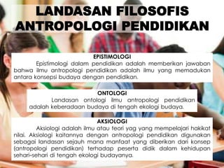 LANDASAN FILOSOFIS
ANTROPOLOGI PENDIDIKAN
EPISTIMOLOGI
Epistimologi dalam pendidikan adalah memberikan jawaban
bahwa ilmu antropologi pendidikan adalah ilmu yang memadukan
antara konsepsi budaya dengan pendidikan.
ONTOLOGI
Landasan ontologi ilmu antropologi pendidikan
adalah keberadaan budaya di tengah ekologi budaya.
AKSIOLOGI
Aksiologi adalah ilmu atau teori yag yang mempelajari hakikat
nilai. Aksiologi kaitannya dengan antropologi pendidikan digunakan
sebagai landasan sejauh mana manfaat yang diberikan dari konsep
(antropologi pendidikan) terhadap peserta didik dalam kehidupan
sehari-sehari di tengah ekologi budayanya.
 