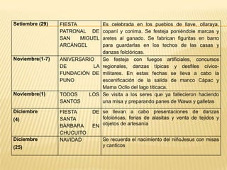 Setiembre (29)   FIESTA        Es celebrada en los pueblos de llave, ollaraya,
                 PATRONAL DE   copaní y conima. Se festeja poniéndole marcas y
                 SAN    MIGUEL aretes al ganado. Se fabrican figuritas en barro
                 ARCÁNGEL      para guardarlas en los techos de las casas y
                               danzas folclóricas.
Noviembre(1-7)   ANIVERSARIO   Se festeja con fuegos artificiales, concursos
                 DE         LA regionales, danzas típicas y desfiles cívico-
                 FUNDACIÓN DE militares. En estas fechas se lleva a cabo la
                 PUNO          escenificación de la salida de manco Cápac y
                               Mama Ocllo del lago titicaca.
Noviembre(1)     TODOS    LOS Se visita a los seres que ya fallecieron haciendo
                 SANTOS        una misa y preparando panes de Wawa y galletas

Diciembre        FIESTA      DE se llevan a cabo presentaciones de danzas
(4)              SANTA          folclóricas, ferias de alasitas y venta de tejidos y
                 BÁRBARA     EN objetos de artesanía
                 CHUCUITO
Diciembre        NAVIDAD         Se recuerda el nacimiento del niñoJesus con misas
(25)                             y canticos
 