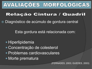  Diagnóstico de acúmulo de gordura central
Esta gordura está relacionada com:
 Hiperlipidemia
 Concentração de colesterol
 Problemas cardiovasculares
 Morte prematura
(FERNADES, 2003; GUEDES, 2003)
 