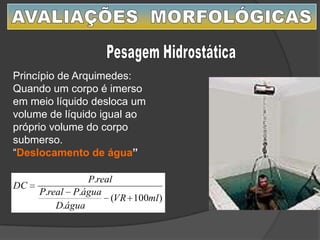 Princípio de Arquimedes:
Quando um corpo é imerso
em meio líquido desloca um
volume de líquido igual ao
próprio volume do corpo
submerso.
“Deslocamento de água”
)100(
.
..
.
mlVR
águaD
águaPrealP
realP
DC
 