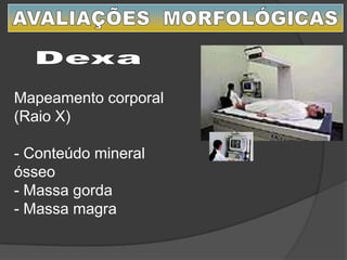 Mapeamento corporal
(Raio X)
- Conteúdo mineral
ósseo
- Massa gorda
- Massa magra
 