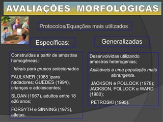 Protocolos/Equações mais utilizados
GeneralizadasEspecíficas:
Construídas a partir de amostras
homogêneas;
Ideais para grupos selecionados
FAULKNER (1968 )para
nadadores; GUEDES (1994),
crianças e adolescentes;
SLOAN (1967), adultos entre 18
e26 anos;
FORSYTH e SINNING (1973),
atletas.
Desenvolvidas utilizando
amostras heterogenias;
Aplicáveis a uma população mais
abrangente.
JACKSON e POLLOCK (1978);
JACKSON, POLLOCK e WARD
(1980);
PETROSKI (1995).
 