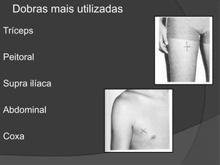 Dobras mais utilizadas
Tríceps
Peitoral
Supra ilíaca
Abdominal
Coxa
 