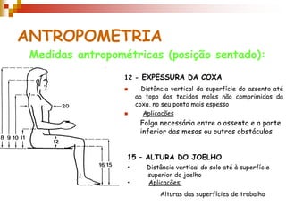 ANTROPOMETRIA
Medidas antropométricas (posição sentado):
12 - EXPESSURA DA COXA
 Distância vertical da superfície do assento até
ao topo dos tecidos moles não comprimidos da
coxa, no seu ponto mais espesso
 Aplicações
15 – ALTURA DO JOELHO
• Distância vertical do solo até à superfície
superior do joelho
• Aplicações:
Folga necessária entre o assento e a parte
inferior das mesas ou outros obstáculos
Alturas das superfícies de trabalho
 