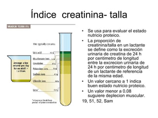Índice  creatinina- talla Se usa para evaluar el estado nutricio proteico. La proporción de creatinina/talla en un lactante se define como la excreción urinaria de creatina de 24 h por centimetro de longitud entre la excrecion urinaria de 24 h por centimetro de longitud de un lactante de referencia  de la misma edad. Un valor cercano a 1 indica buen estado nutricio proteico. Un valor menor a 0.08 suguiere deplecion muscular. 19, 51, 52, Sam  