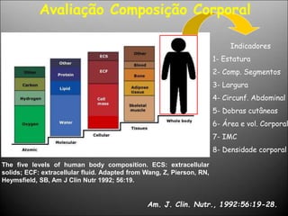 Am. J. Clin. Nutr., 1992:56:19-28.
The five levels of human body composition. ECS: extracellular
solids; ECF: extracellular fluid. Adapted from Wang, Z, Pierson, RN,
Heymsfield, SB, Am J Clin Nutr 1992; 56:19.
Indicadores
1- Estatura
2- Comp. Segmentos
3- Largura
4- Circunf. Abdominal
5- Dobras cutâneas
6- Área e vol. Corporal
7- IMC
8- Densidade corporal
Avaliação Composição Corporal
 