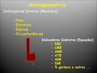 Antropometria
Indicadores Diretos (Medidos)
- Peso
- Estatura
- Dobras
- Circunferências
Indicadores Indiretos (Equações)
- IMC
- CMB
- AMB
- ATB
- AGB
- IGB
- % gordura e outros ...
 