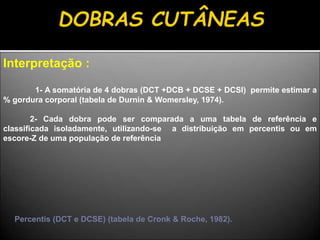 Interpretação :
1- A somatória de 4 dobras (DCT +DCB + DCSE + DCSI) permite estimar a
% gordura corporal (tabela de Durnin & Womersley, 1974).
2- Cada dobra pode ser comparada a uma tabela de referência e
classificada isoladamente, utilizando-se a distribuição em percentis ou em
escore-Z de uma população de referência
Percentis (DCT e DCSE) (tabela de Cronk & Roche, 1982).
 