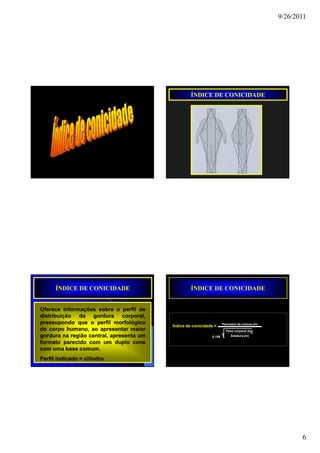 9/26/2011




                                                   ÍNDICE DE CONICIDADE




      ÍNDICE DE CONICIDADE                         ÍNDICE DE CONICIDADE


Oferece informações sobre o perfil de
distribuição da gordura corporal,
pressupondo que o perfil morfológico                                 Perímetro da cintura (m)
                                          Índice de conicidade =
do corpo humano, ao apresentar maior                                   Peso corporal (kg)
gordura na região central, apresenta um                      0,109        Estatura (m)

formato parecido com um duplo cone
com uma base comum.
              comum.
Perfil indicado = cilindro




                                                                                                       6
 