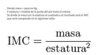 Donde masa = peso en Kg.
Y estatura = medida de la punta del pie hasta el cráneo.
Se divide la masa con la estatura al cuadrado y el resultado será el IMC
que será comparado en la siguiente tabla.
 