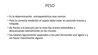 PESO
• Es la determinación antropométrica mas común.
• Para la correcta medición el sujeto debe estar en posición erecta y
relajada
• de frente a la bascula con la vista fija manos extendidas y
descansando lateralmente en los muslos
• los talones ligeramente separados y los pies formando una ligera v y
sin hacer movimiento alguno
 