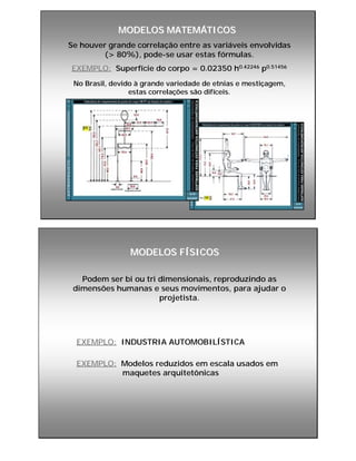 MODELOS MATEMÁTICOSMODELOS MATEMÁTICOS
Se houver grande correlação entre as variáveis envolvidas
(> 80%), pode-se usar estas fórmulas.
EXEMPLO: Superfície do corpo = 0.02350 h0.42246 p0.51456
No Brasil, devido à grande variedade de etnias e mestiçagem,
estas correlações são difíceis.
MODELOS FÍSICOSMODELOS FÍSICOS
Podem ser bi ou tri dimensionais, reproduzindo as
dimensões humanas e seus movimentos, para ajudar o
projetista.
EXEMPLO: INDUSTRIA AUTOMOBILÍSTICA
EXEMPLO: Modelos reduzidos em escala usados em
maquetes arquitetônicas
 