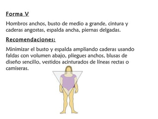 Forma V
Hombros anchos, busto de medio a grande, cintura y
caderas angostas, espalda ancha, piernas delgadas.
Recomendaciones:
Minimizar el busto y espalda ampliando caderas usando
faldas con volumen abajo, pliegues anchos, blusas de
diseño sencillo, vestidos acinturados de líneas rectas o
camiseras.
 