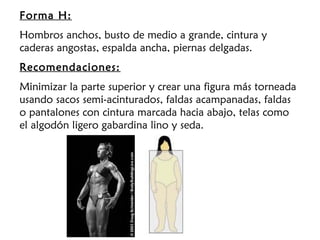 Forma H:
Hombros anchos, busto de medio a grande, cintura y
caderas angostas, espalda ancha, piernas delgadas.
Recomendaciones:
Minimizar la parte superior y crear una figura más torneada
usando sacos semi-acinturados, faldas acampanadas, faldas
o pantalones con cintura marcada hacia abajo, telas como
el algodón ligero gabardina lino y seda.
 
