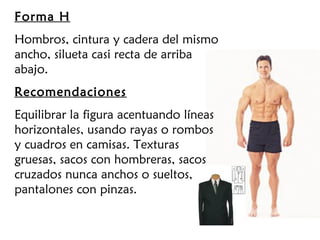 Forma H
Hombros, cintura y cadera del mismo
ancho, silueta casi recta de arriba
abajo.
Recomendaciones
Equilibrar la figura acentuando líneas
horizontales, usando rayas o rombos
y cuadros en camisas. Texturas
gruesas, sacos con hombreras, sacos
cruzados nunca anchos o sueltos,
pantalones con pinzas.
 