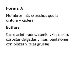 Forma A
Hombros más estrechos que la
cintura y cadera
Evitar:
Sacos acinturados, camisas sin cuello,
corbatas delgadas y lisas, pantalones
con pinzas y telas gruesas.
 
