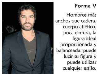 Forma V
     Hombros más
anchos que cadera,
   cuerpo atlético,
   poca cintura, la
        figura ideal
  proporcionada y
balanceada, puede
   lucir su figura y
     puede utilizar
   cualquier estilo.
 