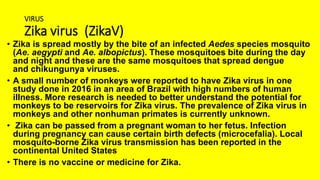 VIRUS
Zika virus (ZikaV)
• Zika is spread mostly by the bite of an infected Aedes species mosquito
(Ae. aegypti and Ae. albopictus). These mosquitoes bite during the day
and night and these are the same mosquitoes that spread dengue
and chikungunya viruses.
• A small number of monkeys were reported to have Zika virus in one
study done in 2016 in an area of Brazil with high numbers of human
illness. More research is needed to better understand the potential for
monkeys to be reservoirs for Zika virus. The prevalence of Zika virus in
monkeys and other nonhuman primates is currently unknown.
• Zika can be passed from a pregnant woman to her fetus. Infection
during pregnancy can cause certain birth defects (microcefalia). Local
mosquito-borne Zika virus transmission has been reported in the
continental United States
• There is no vaccine or medicine for Zika.
 