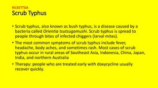RICKETTSIA
Scrub Typhus
• Scrub typhus, also known as bush typhus, is a disease caused by a
bacteria called Orientia tsutsugamushi. Scrub typhus is spread to
people through bites of infected chiggers (larval mites).
• The most common symptoms of scrub typhus include fever,
headache, body aches, and sometimes rash. Most cases of scrub
typhus occur in rural areas of Southeast Asia, Indonesia, China, Japan,
India, and northern Australia
• Therapy: people who are treated early with doxycycline usually
recover quickly.
 