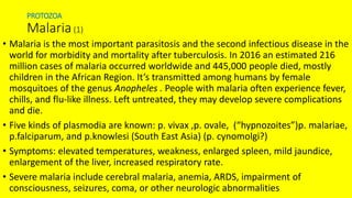 PROTOZOA
Malaria(1)
• Malaria is the most important parasitosis and the second infectious disease in the
world for morbidity and mortality after tuberculosis. In 2016 an estimated 216
million cases of malaria occurred worldwide and 445,000 people died, mostly
children in the African Region. It’s transmitted among humans by female
mosquitoes of the genus Anopheles . People with malaria often experience fever,
chills, and flu-like illness. Left untreated, they may develop severe complications
and die.
• Five kinds of plasmodia are known: p. vivax ,p. ovale, (“hypnozoites”)p. malariae,
p.falciparum, and p.knowlesi (South East Asia) (p. cynomolgi?)
• Symptoms: elevated temperatures, weakness, enlarged spleen, mild jaundice,
enlargement of the liver, increased respiratory rate.
• Severe malaria include cerebral malaria, anemia, ARDS, impairment of
consciousness, seizures, coma, or other neurologic abnormalities
 