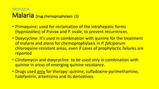 PROTOZOA
Malaria Drug chemoprophylaxis (3)
• Primaquine: used for reclamation of the intrahepatic forms
(hypnozoites) of P.vivax and P. ovale, to prevent recurrences.
• Doxycycline: it’s used in combination with quinine for the treatment
of malaria and alone for chemoprophylaxis in P. falciparum
chloroquine-resistant areas, even if cases of prophylactic failures are
reported
• Clindamycin and doxycycline to be used only in combination with
quinine in areas of emerging quinine resistance.
• Drugs used only for therapy: quinine, sulfadoxine-pyrimethamine,
halofantrin, artemisina and its derivatives.
 