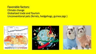 Favorable factors:
Climate change
Globalized trade and Tourism
Unconventional pets (ferrets, hedgehogs, guinea pigs )
 
