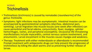 WORMS
Trichinellosis
• Trichinellosis (trichinosis) is caused by nematodes (roundworms) of the
genus Trichinella.
• Symptoms: light infections may be asymptomatic. Intestinal invasion can be
accompanied by gastrointestinal symptoms (diarrhea, abdominal pain,
vomiting). Larval migration into muscle tissues (one week after infection) can
cause periorbital and facial edema, conjunctivitis, fever, myalgias, splinter
hemorrhages, rashes, and peripheral eosinophilia. Occasional life-threatening
manifestations include myocarditis, central nervous system involvement, and
pneumonitis. Larval encystment in the muscles causes myalgia and weakness.
• Therapy: Treatment with either mebendazole or albendazole is recommended
Prompt treatment with antiparasitic drugs can help prevent the progression of
trichinellosis by killing the adult worms and so preventing further release of
larvae.
 