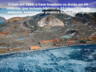 Criada em 1984, a base brasileira se divide em 64 módulos, que incluem biblioteca, 13 laboratórios de pesquisa, academia de ginástica e centro cirúrgico 