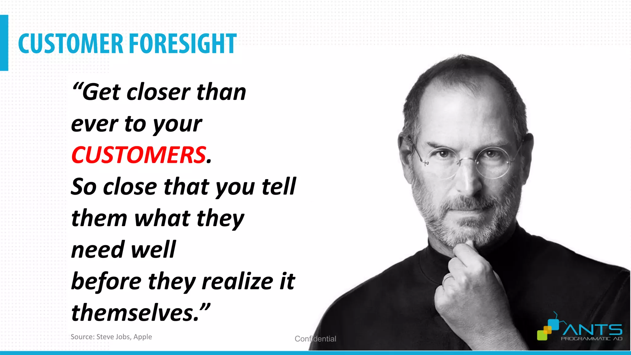 ConfidentialSource: Steve Jobs, Apple
“Get closer than
ever to your
CUSTOMERS.
So close that you tell
them what they
need well
before they realize it
themselves.”
 