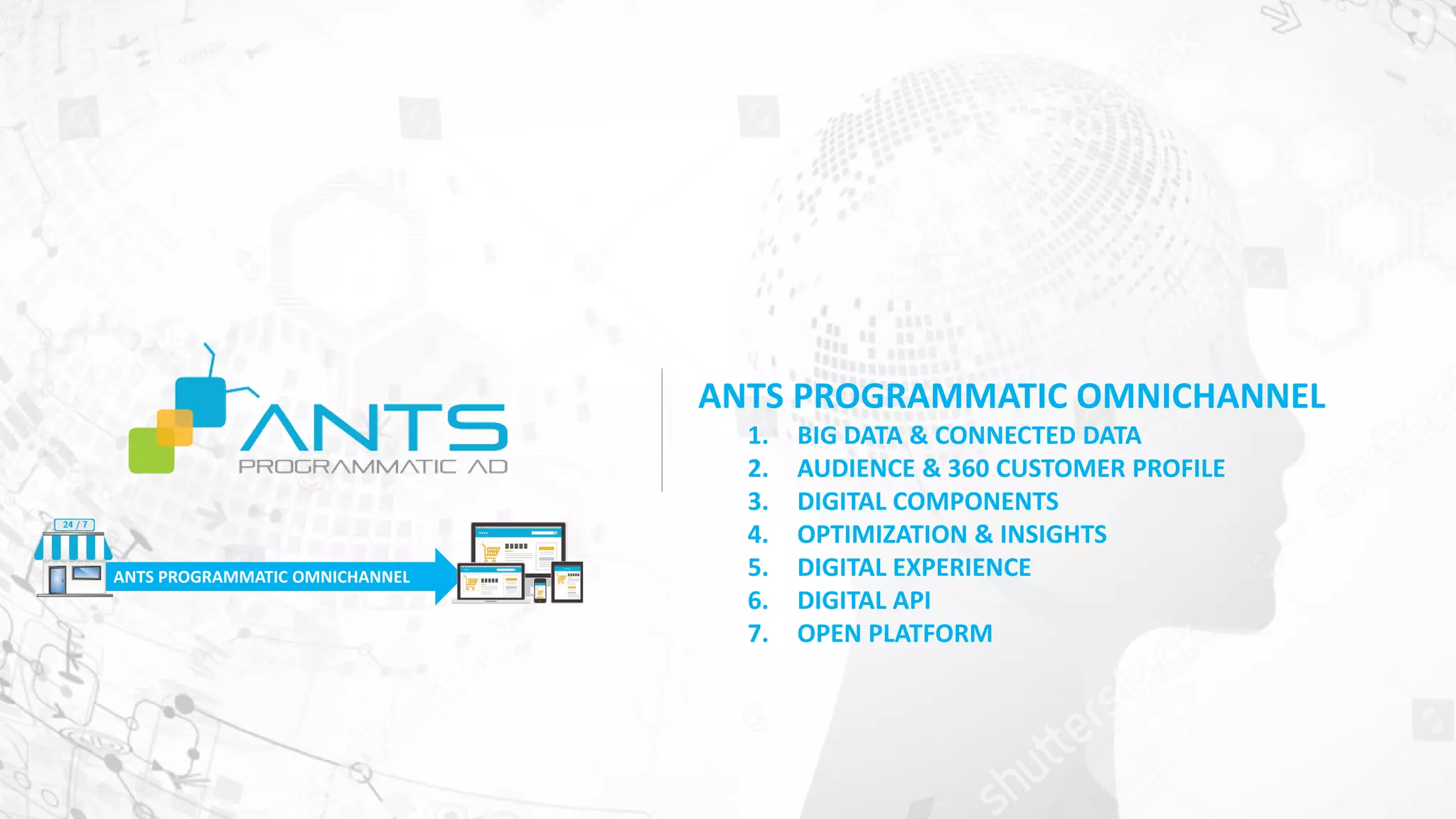 ANTS PROGRAMMATIC OMNICHANNEL
1. BIG DATA & CONNECTED DATA
2. AUDIENCE & 360 CUSTOMER PROFILE
3. DIGITAL COMPONENTS
4. OPTIMIZATION & INSIGHTS
5. DIGITAL EXPERIENCE
6. DIGITAL API
7. OPEN PLATFORM
ANTS PROGRAMMATIC OMNICHANNEL
 