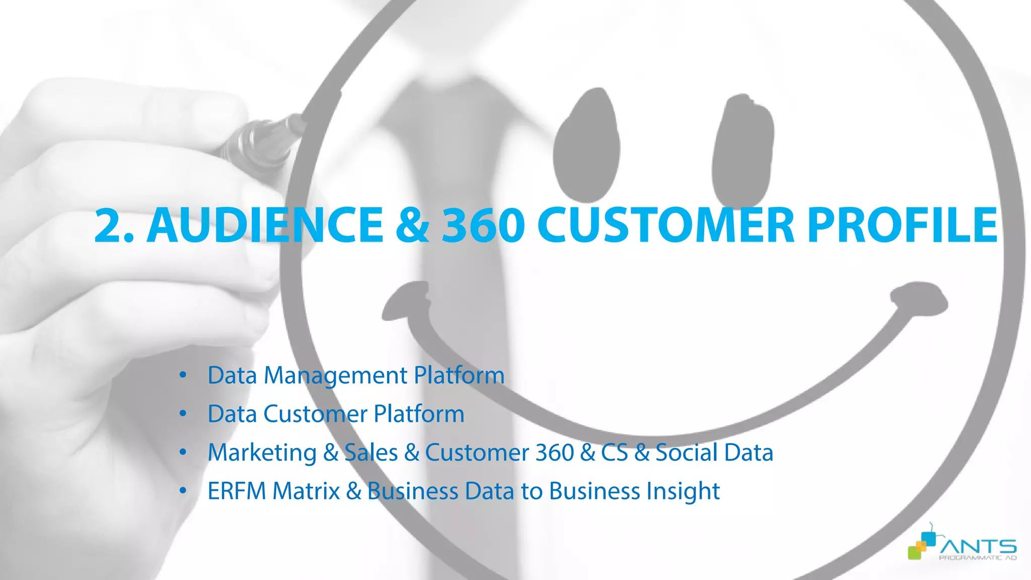 2. AUDIENCE & 360 CUSTOMER PROFILE
• Data Management Platform
• Data Customer Platform
• Marketing & Sales & Customer 360 & CS & Social Data
• ERFM Matrix & Business Data to Business Insight
 