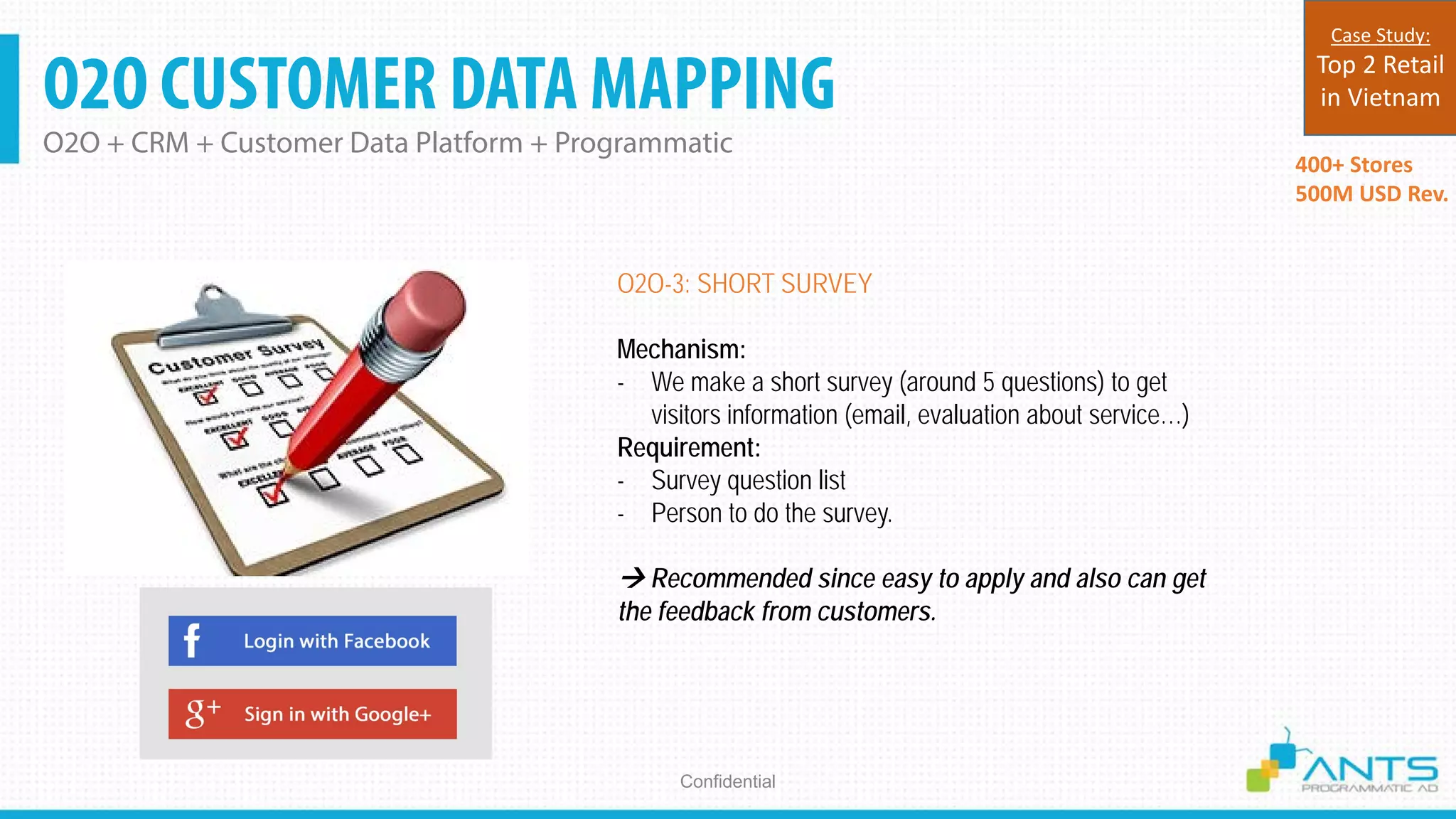 O2O CUSTOMER DATA MAPPING
O2O + CRM + Customer Data Platform + Programmatic
Confidential
O2O-3: SHORT SURVEY
Mechanism:
- We make a short survey (around 5 questions) to get
visitors information (email, evaluation about service…)
Requirement:
- Survey question list
- Person to do the survey.
 Recommended since easy to apply and also can get
the feedback from customers.
400+ Stores
500M USD Rev.
Case Study:
Top 2 Retail
in Vietnam
 