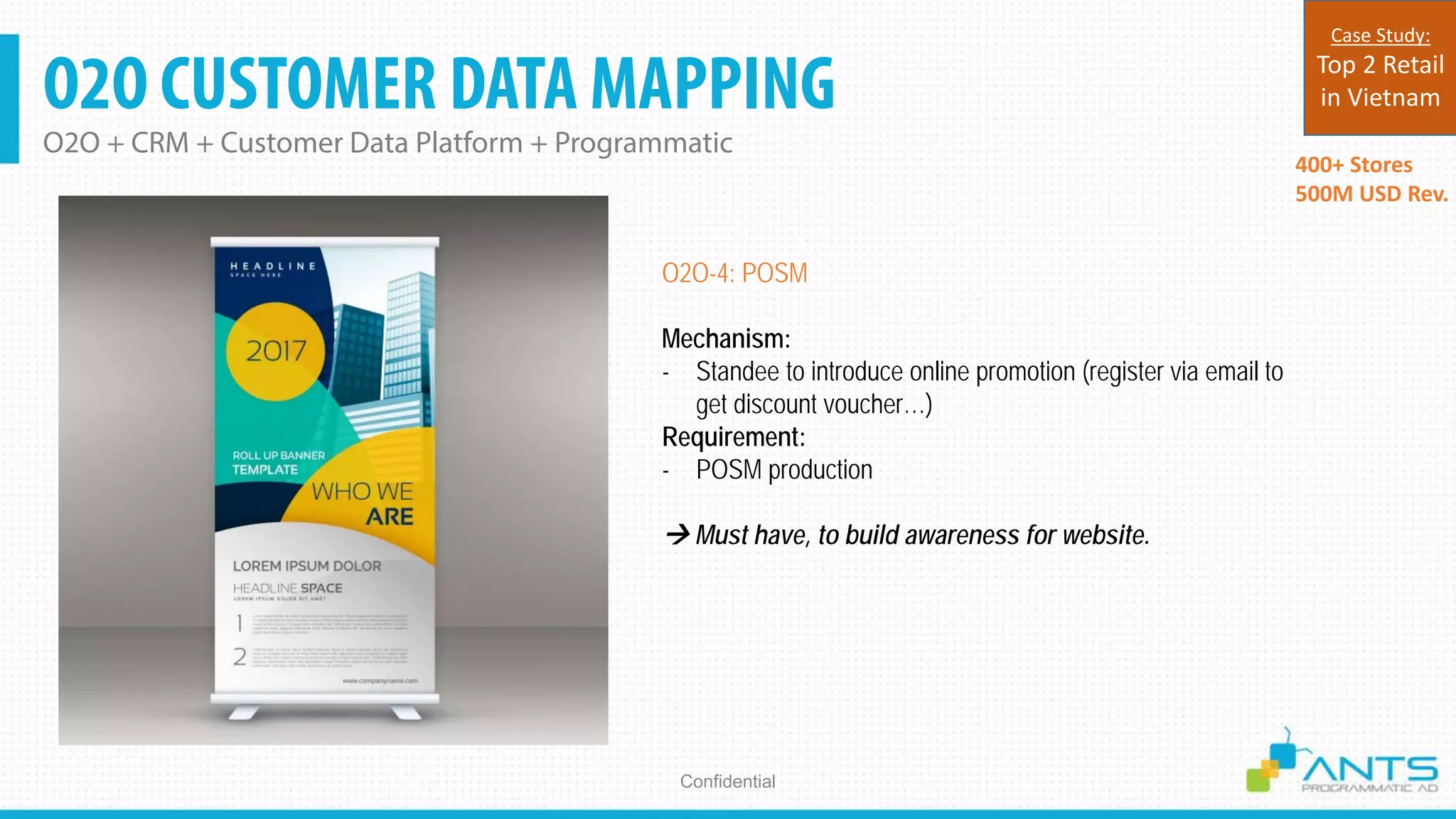 O2O CUSTOMER DATA MAPPING
O2O + CRM + Customer Data Platform + Programmatic
Confidential
O2O-4: POSM
Mechanism:
- Standee to introduce online promotion (register via email to
get discount voucher…)
Requirement:
- POSM production
 Must have, to build awareness for website.
400+ Stores
500M USD Rev.
Case Study:
Top 2 Retail
in Vietnam
 