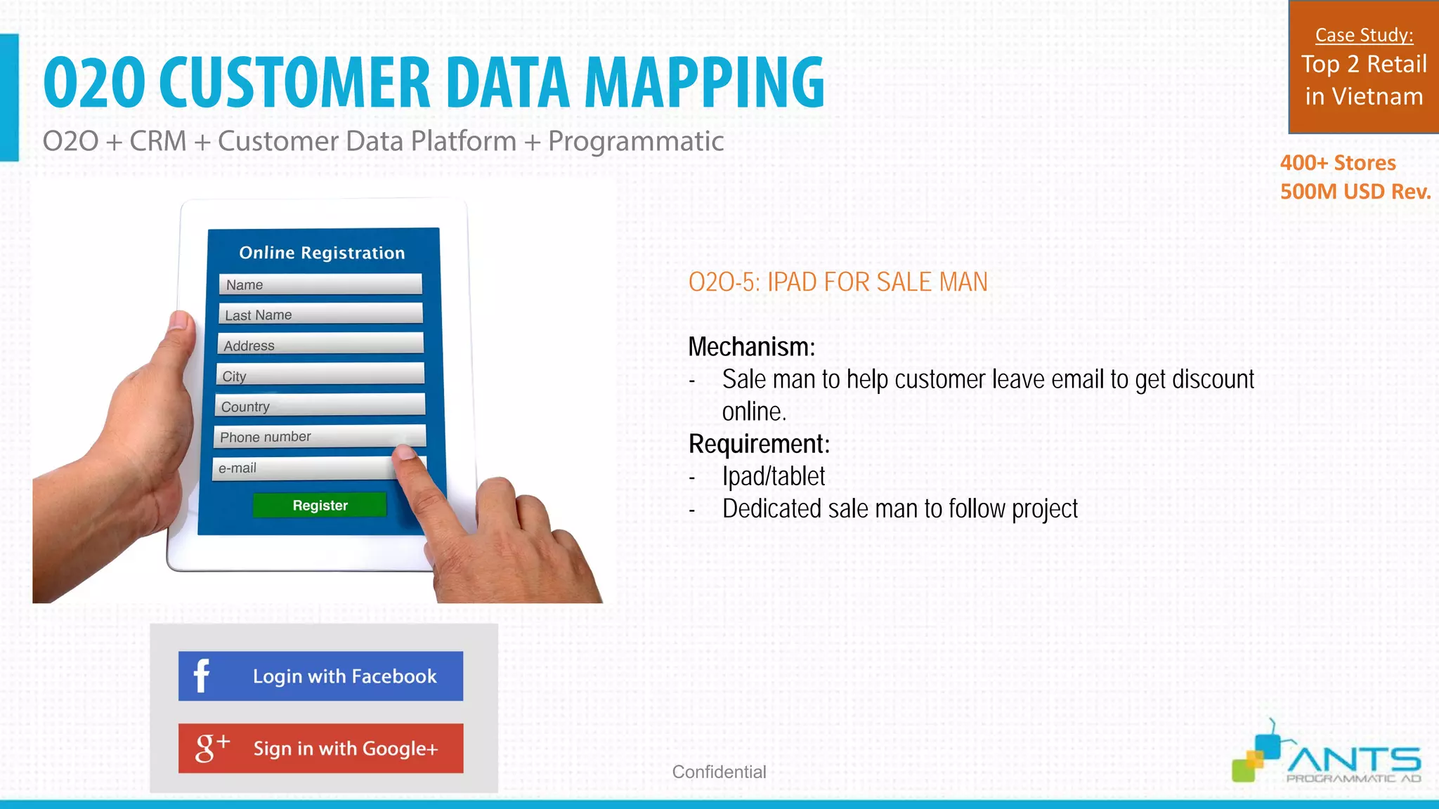 O2O CUSTOMER DATA MAPPING
O2O + CRM + Customer Data Platform + Programmatic
Confidential
O2O-5: IPAD FOR SALE MAN
Mechanism:
- Sale man to help customer leave email to get discount
online.
Requirement:
- Ipad/tablet
- Dedicated sale man to follow project
400+ Stores
500M USD Rev.
Case Study:
Top 2 Retail
in Vietnam
 