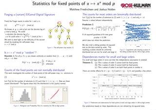 Statistics for ﬁxed points of x → xx
mod p
Matthew Friedrichsen and Joshua Holden
Forging a (variant) ElGamal Digital Signature
Frank the Forger wants to solve for r and s in:
(1) gH(m)
≡ ys
rr
(mod p).
He knows m, g, y, and p but not the discrete log of
y mod p base g. He could:
calculate the discrete log of y,
or he could solve rr
≡ gH(m)
y−s
(mod p) for r.
We wish to shed light on the diﬃculty of the second
attack by studying the self-power map,
x → xx
mod p.
Figure 1: The self-power map modulo 13
Is x → xx
mod p “random”?
Heuristic 1.For all p, if x, y are chosen uniformly at random from {1, . . . , p − 1} with
ordp x = d, then
Pr[xx
≡ y (mod p)] ≈
1
d if ordp y | d,
0 otherwise.
Counts of the ﬁxed points are not normally distributed
This work investigates the number of ﬁxed points of the self-power map, i.e., solutions to
(2) xx
≡ x (mod p).
Let F(p) be the number of solutions to (2) such that 1 ≤ x ≤ p − 1. How are these
counts distributed? The ﬁgures show that the distribution is not (quite) normal.
Figure 2: Histogram and Probability Plot of z-statistics for 238 six-digit primes
The counts for most orders are binomially distributed
Let Fd(p) be the number of solutions to (2) with 1 ≤ x ≤ p − 1 and ordp x = d.
Assume x values behave independently.
Prediction 2.
Pr[Fd(p) = k] =
φ(d)
k
1
d
k
d − 1
d
φ(d)−k
A chi-squared goodness-of-ﬁt test gives
p-value ≈ 0.198
which does not refute the prediction.
We also tried a sliding window chi-squared
test on the data sorted by order. The
resulting p-values should be uniformly
distributed but are not for small and large d.
1
10
100
1000
10000
100000
0 0.2 0.4 0.6 0.8 1
Order
p-value
Figure 3: Logarithmic plot showing p-values of
the sliding window test for 238 six-digit primes
Dependencies matter for small and large orders
For small and large orders it turns out that the independence assumption is violated.
Theorem 3. (a) The x-values of order 3 cannot both be ﬁxed points.
(b) The x-values of order 4 cannot both be ﬁxed points.
(c) The x-values of order 6 are both ﬁxed points or neither is.
There are similar eﬀects for d = (p − 1)/3 and d = (p − 1)/4, and possibly a few others.
Number of primes: predicted (P), observed (O), and not possible (N).
Fd(p) = 0
Fd(p) = 1
Fd(p) = 2
0 25 50 75 100
n = 116, p = 0.79
N
O
O
P
P
order 3
0 25 50 75 100
n = 120, p = 0.36
N
O
O
P
P
order 4
0 25 50 75 100
n = 116, p = 0.8
N
O
O
P
P
order 6
Number of primes: predicted (P), observed (O), and not possible (N).
Fd(p) = 0
Fd(p) = 1
Fd(p) = 2
0 25 50 75 100
n = 116, p = 0.46
O
O
O
P
P
P
order (p − 1) 3
0 25 50 75 100
n = 54, p = 0.33
O
O
O
P
P
P
order (p − 1) 4, p ≡ 1 (mod 8)
0 25 50 75 100
n = 66, p = 0.48
N
O
O
P
P
order (p − 1) 4, p ≡ 5 (mod 8)
Figure 4: Predictions and observations for ﬁxed points of small and large orders in 238 six-digit primes
Our predictions based on these dependencies are not refuted by chi-squared tests.
 
